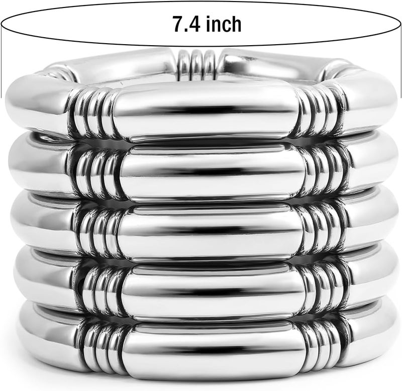 Badu Gold Chunky Bangles Bracelets For Women 14k Gold Plated Stack Layered Curved Bamboo Tube Stretch Bracelets Gift Jewelry - Image 2